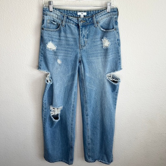 BP Wide Leg Jeans Women's 27 Side Cut Out Mid Rise Medium Wash Cotton Trashed - Picture 1 of 6